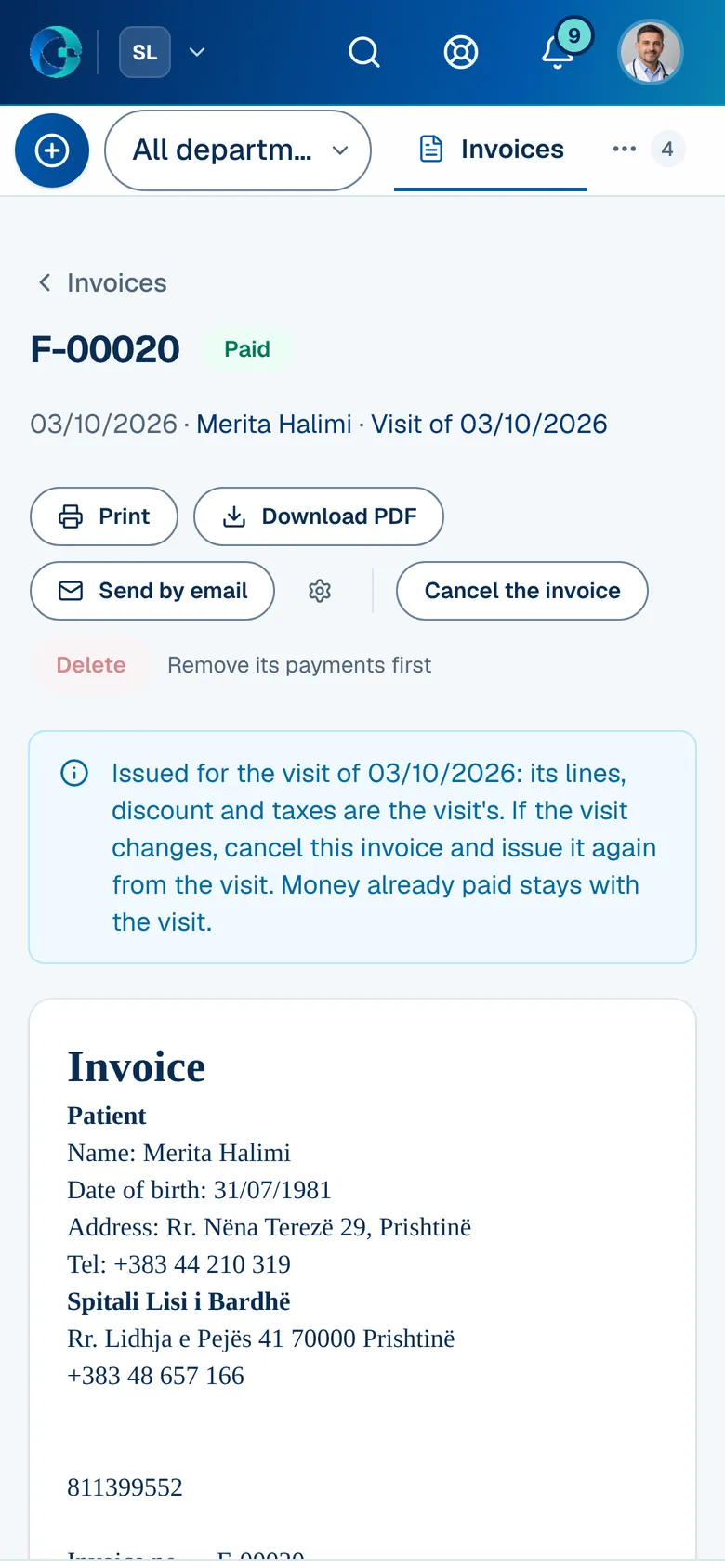 The Invoicing screen in OPALEVI