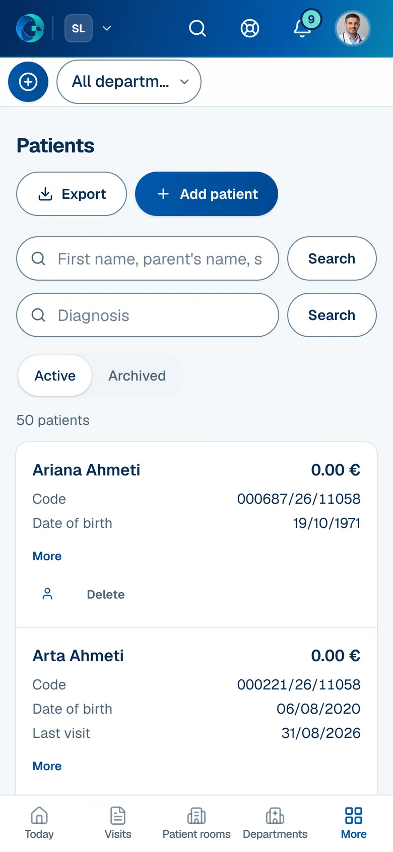 The Patients screen in OPALEVI